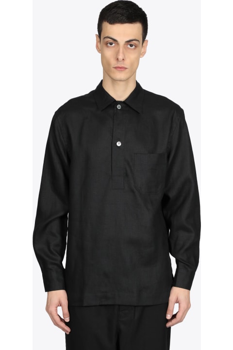 Nero Black linen polo-shirt with long sleeves