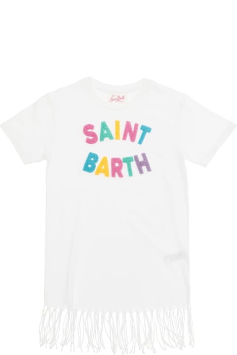 キッズ新着アイテム MC2 Saint Barth 'abbey' White Dress With Fringes And Logo In Cotton Girl