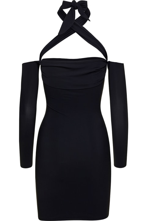 Black Tie-neck Minidress In Polyamide Woman