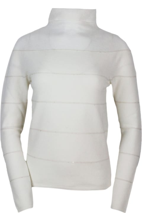Lightweight Turtleneck Sweater In Cashmere Wool And Silk Embellished With Horizontal Stripes In Contrast With Micro-sequins