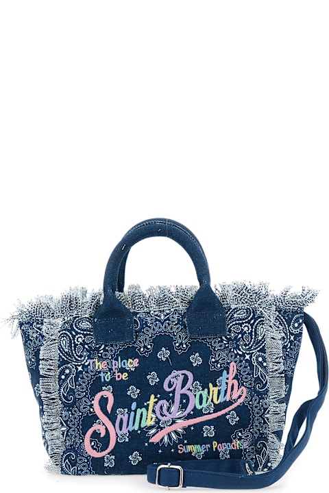 MC2 Saint Barth لـ Kids MC2 Saint Barth 'colette' Blue Handbag With Logo Lettering Embroidery On The Front And Adjustable And Removable Shoulder Strap In Cotton Girl