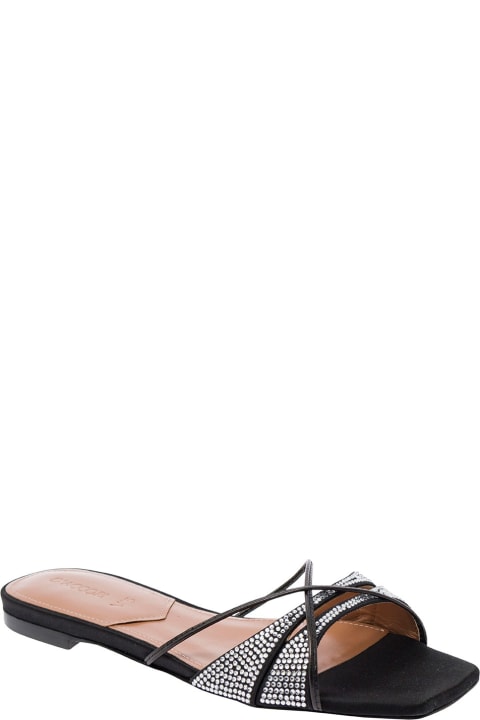 Fashion for Women D'Accori 'lust' Black Flat Sandals With Criss-cross Straps With Rhinestone In Satin Woman