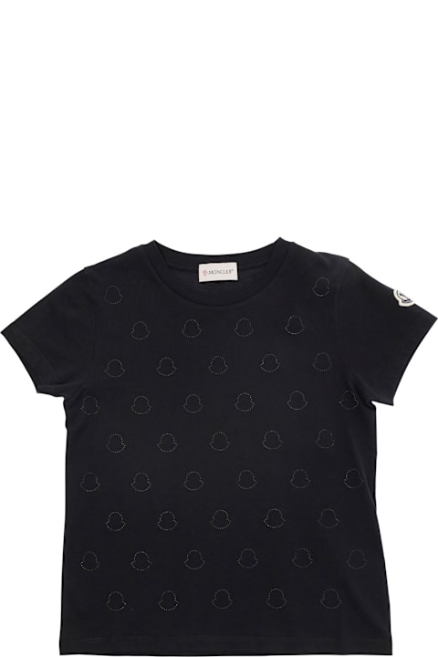 آخر صيحات الموضة من الأطفال Moncler Black Crewneck T-shirt With Rhinestone Logo In Cotton Girl