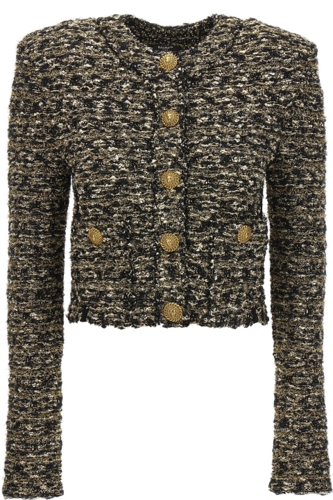 Sweaters for Women Balmain Collarless Tweed Cropped Jacket