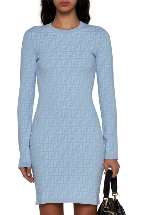 Fendi Sale for Women Fendi Ff Jacquard Long Sleeved Crewneck Dress