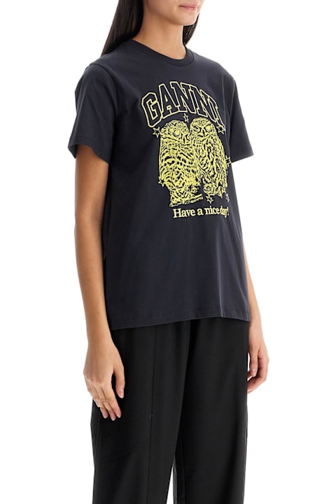 Fashion for Women Ganni Owls Print Logo T-shirt