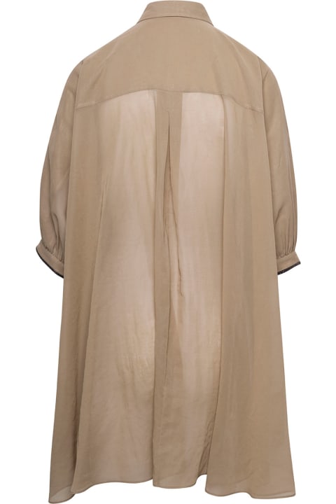Beige Flared Short-sleeve Long Shirt In Cotton Woman