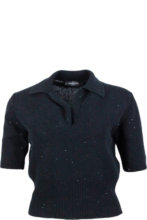 Fabiana Filippi Sweaters for Women Fabiana Filippi Short-sleeved Polo Shirt In Cotton And Linen, Embellished With Brilliant Applied Micro-sequins