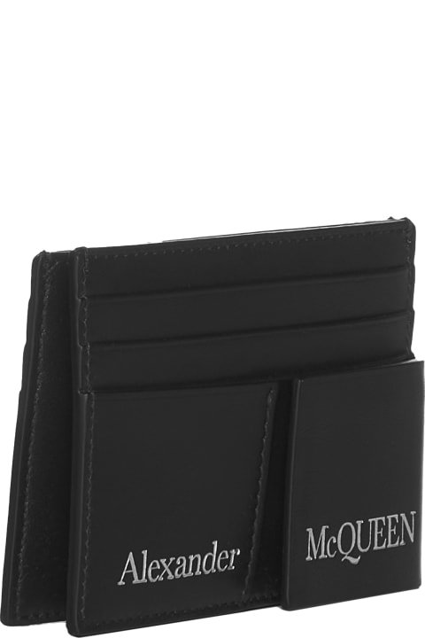 Accessories for Men Alexander McQueen Double Card Holder In Black Leather With Logo