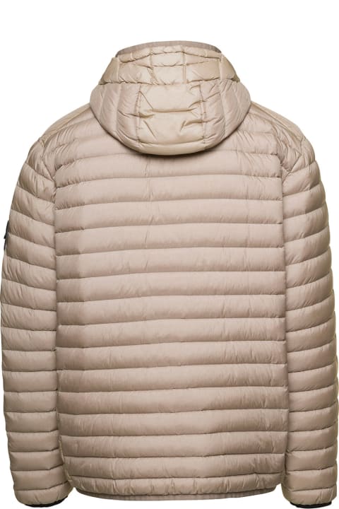 Beige Down Jacket With Fixed Hood And Logo Patch In Polyamide Man