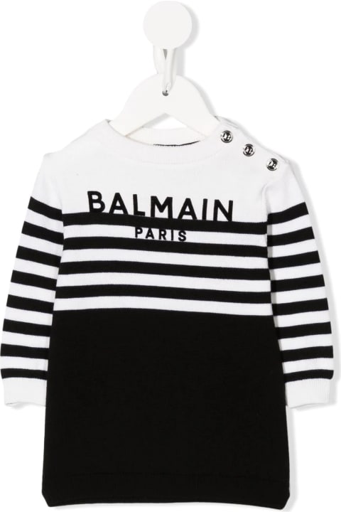 Baby Dress In White And Black Knit With Logo And Striped Pattern
