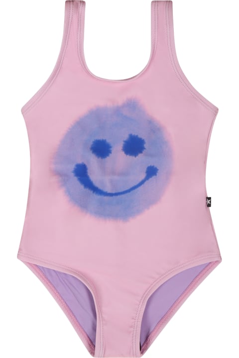 Molo Swimwear for Baby Girls Molo Pink Swimsuit For Baby Girl With Smiley
