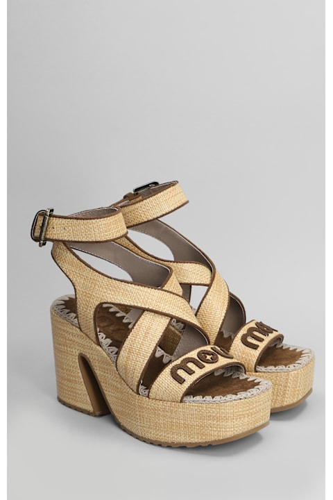Mou Sandals for Women Mou Raffia Platform Sandals In Beige Raffia