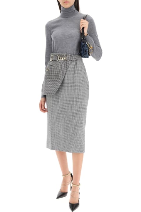 Houndstooth Wool Midi Skirt With Peplum Belt