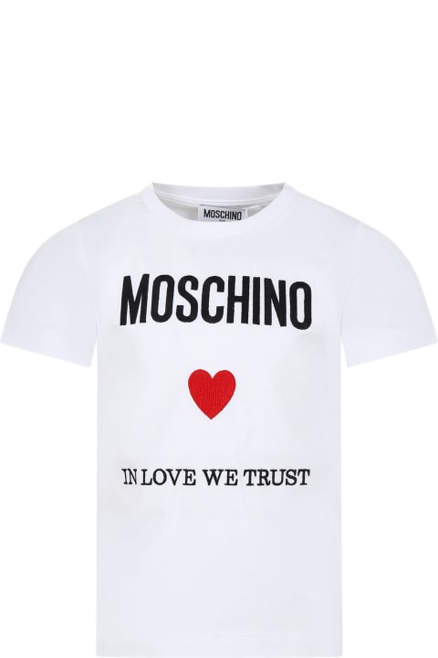 Moschino Kids Moschino White T-shirt For Girl With Logo And Red Heart