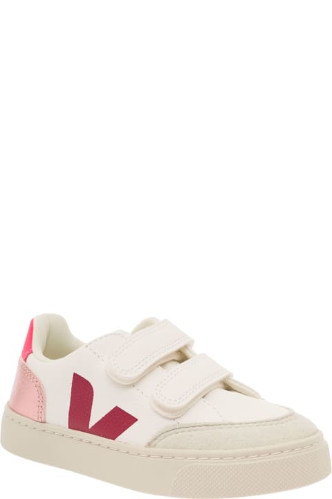 Shoes for Girls Veja White Sneaker With Fuchsia Logo And Heel Tab In Leather Girl