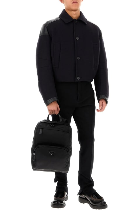 Black Re-nylon And Leather Backpack