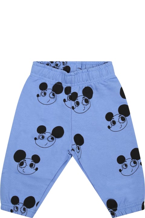 Bottoms for Baby Girls Mini Rodini Light Blue Trousers For Baby Boy With Mice