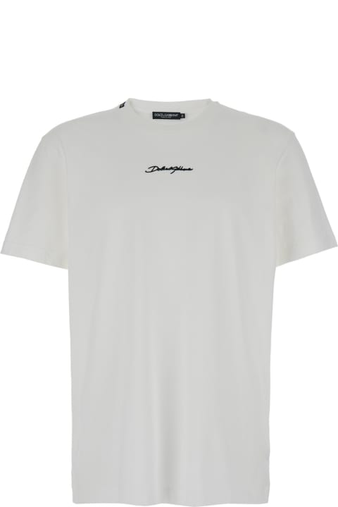 Dolce & Gabbana Topwear for Men Dolce & Gabbana White Crewneck T-shirt With Signature Logo In Cotton Man