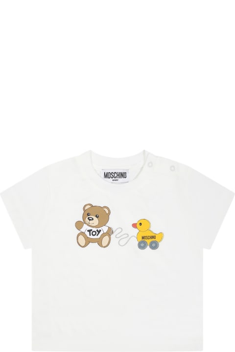 T-Shirts & Polo Shirts for Baby Girls Moschino White T-shirt For Babies With Teddy Bear And Duck