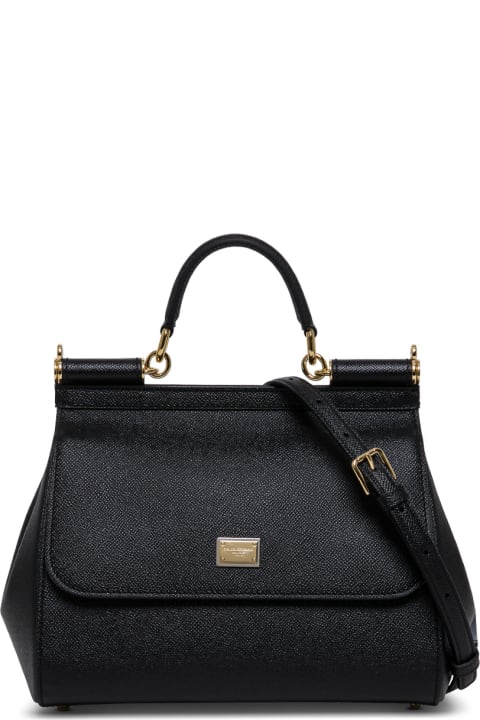 Dolce & Gabbana Woman's Sicily Medium Black Hammered Leather    Handbag With Logo