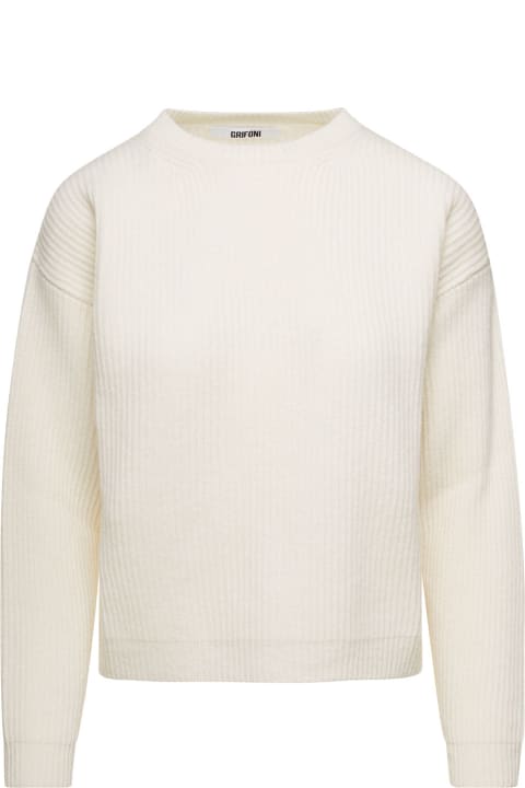 White Ribbed Sweater With Drop Shoulders Woman