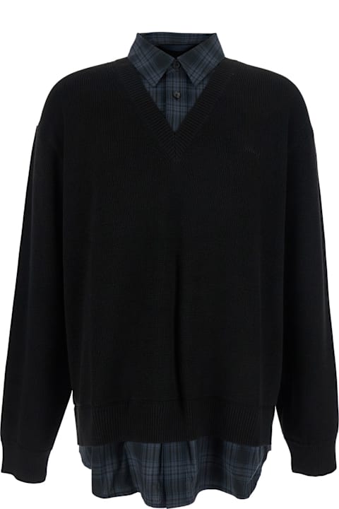 Juun.J for Women Juun.J Black Sweater With Layered Design And Classic Collar In Cotton And Wool Blend Man