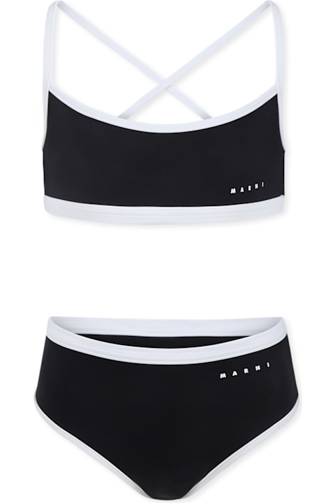 Marni ملابس سباحة لـ بنات Marni Black Bikini For Girl With White Logo
