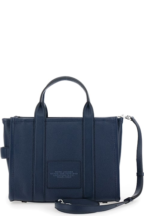 Homeware Marc Jacobs 'the Tote Bag Medium' Blue Bag With Logo Print On The Front In Hammered Leather Woman