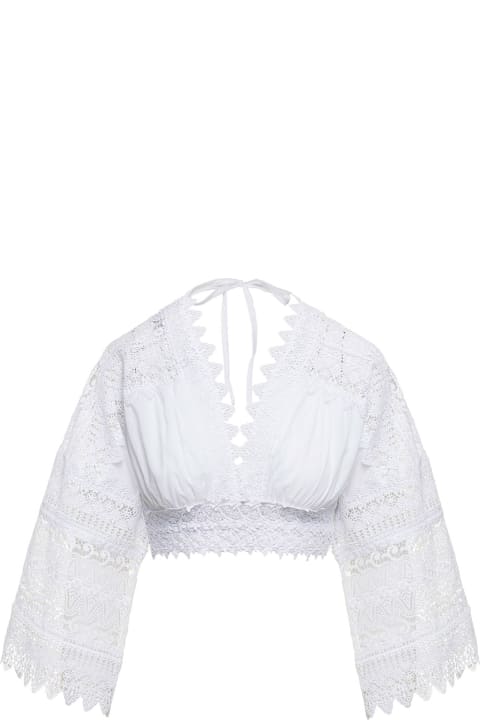 'elle' White Cropped Long Sleeved Top In Cotton Blend Lace Woman