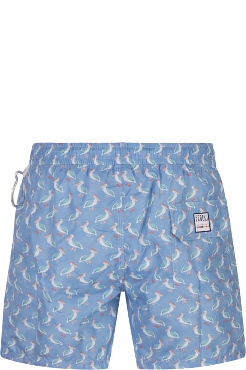 Swimwear for Men Fedeli Light Blue Swim Shorts With Pelican Pattern