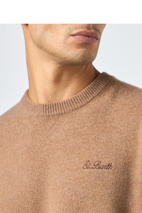 Homeware MC2 Saint Barth Man Crewneck Camel Sweater With St. Barth Embroidery