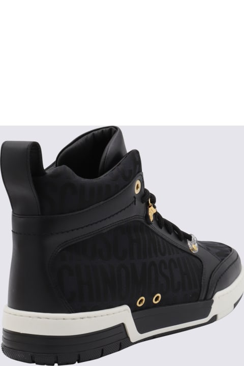 メンズ新着アイテム Moschino Black Leather And Canvas Monogram Jacquard High Top Sneakers