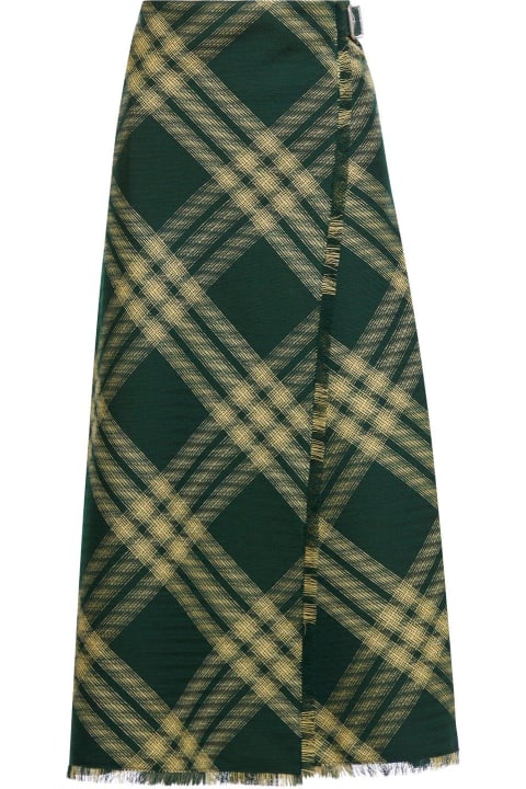 Burberry Sale for Women Burberry Check Printed Frayed-edge Midi Skirt