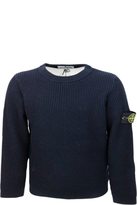 Sweaters & Sweatshirts for Boys Stone Island Junior Long-sleeved Crew-neck Sweater In Soft Wool With English Rib Badge On The Left Sleeve