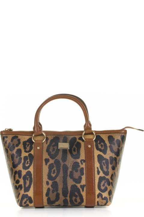 Totes for Women Dolce & Gabbana Leopard Leather Shopping Bag With Logo Plate