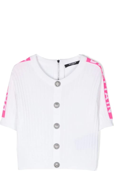 Fashion for Girls Balmain Ribbed Knit Cardigan With Jacquard Logo Motif