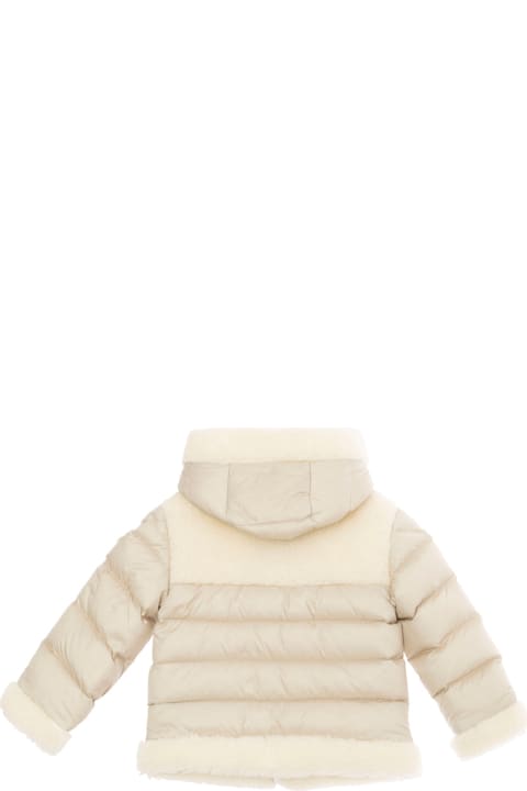 Topwear for Baby Boys Moncler 'dofi' Beige Down Jacket With Hood And Logo Patch On The Sleeve In Tech Fabric Baby