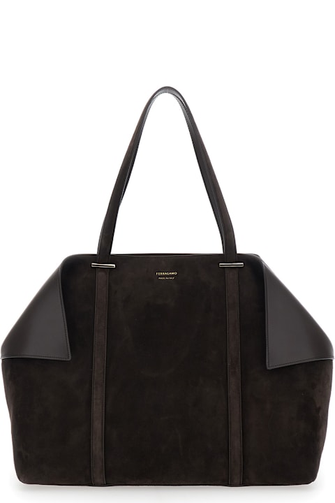 Ferragamo for Kids Ferragamo Brown Tote Bag With Folded Angles And Embossed Logo Lettering On The Front In Suede Woman