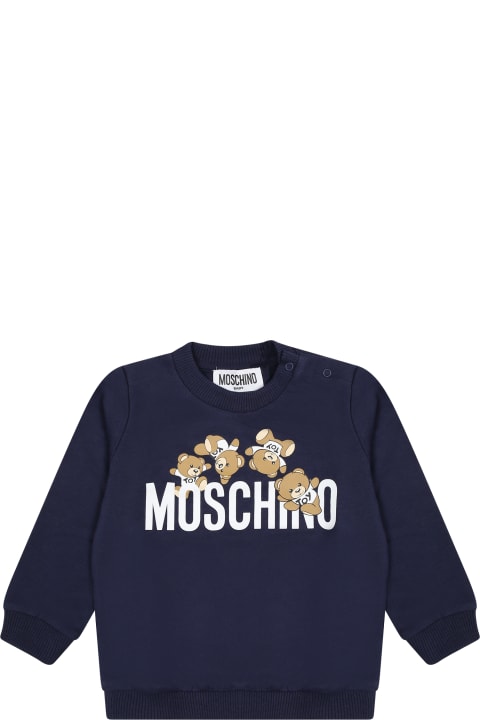 Topwear for Baby Girls Moschino Blue Sweatshirt For Babies With Teddy Bears And Logo