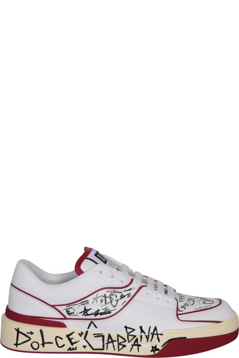 Dolce & Gabbana Sneakers for Women Dolce & Gabbana Dolce & Gabbana New Roma Allover Graffiti Sneakers In White With Red Accents