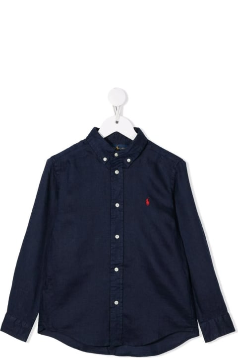 Polo Ralph Lauren Shirts for Boys Polo Ralph Lauren Navy Blue Linen Shirt With Embroidered Pony