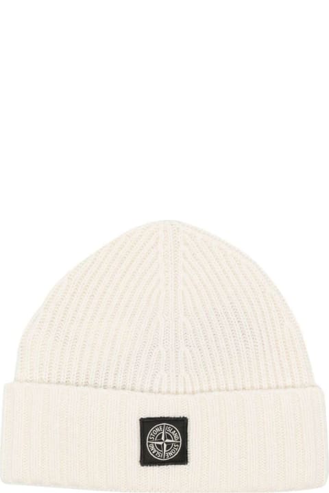 Ivory Colored  Ribbed Wool Hat With Logo Stone Island Kids Boy