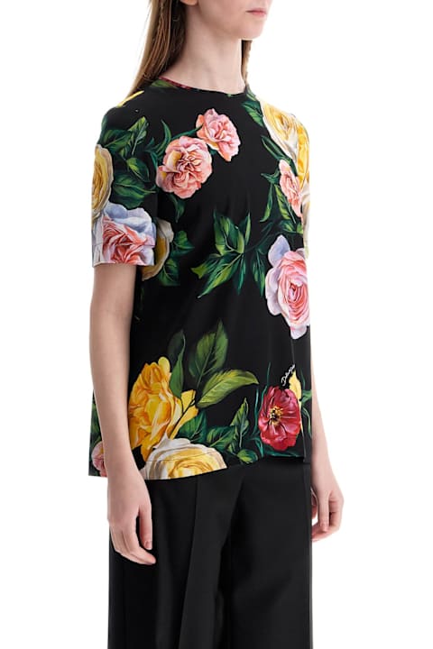 Dolce & Gabbana Topwear for Women Dolce & Gabbana Black Silk T-shirt With Floral Print