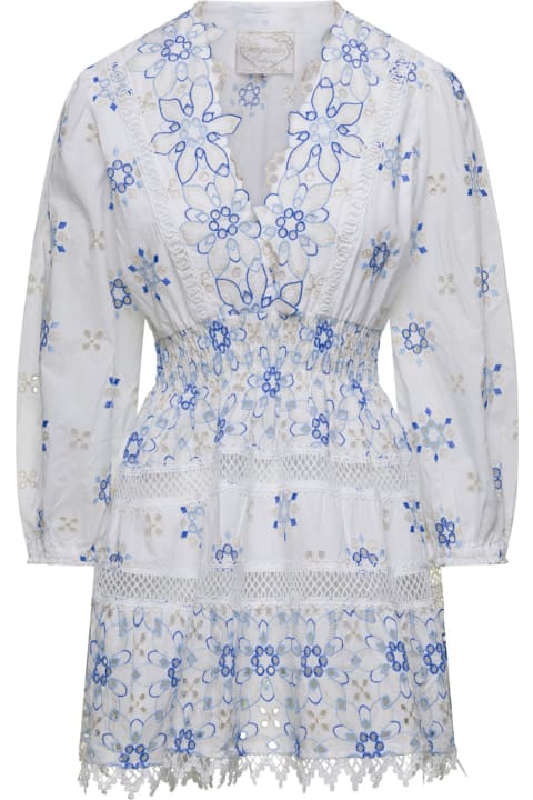 Temptation Positano Dresses for Women Temptation Positano Mini White Dress With V-neckline And Blue Flower Embroideries In Cotton Lace Woman