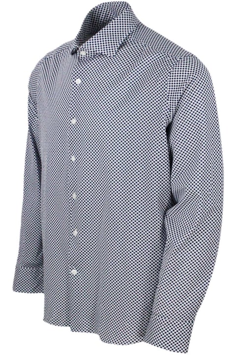 Sonrisa Shirts for Men Sonrisa Luxury Shirt In Soft, Precious And Very Fine Stretch Cotton Flower With French Collar In A Small Geometric Checkered Design Print