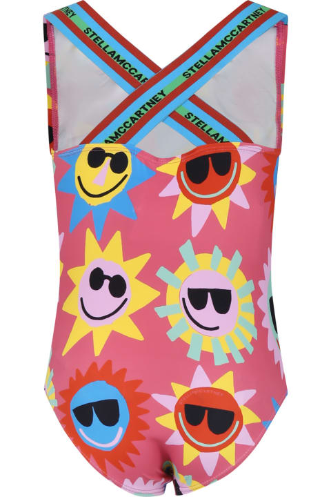 Swimwear for Girls Stella McCartney Kids Pink One-piece Swimsuit For Girl With An All-over Multicolor Pattern