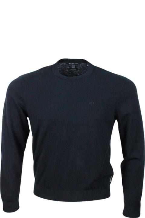 Armani Collezioni for Men Armani Collezioni Lightweight Long-sleeved Crew-neck Sweater Made Of Warm Cotton And Cashmere With Contrasting Color Profiles At The Bottom And On The Cuffs