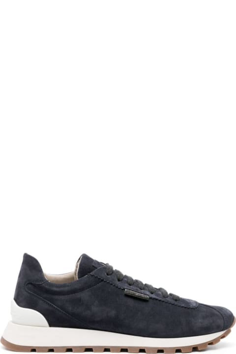 Blue Low Top Sneakers With Monile Detail In Suede Woman