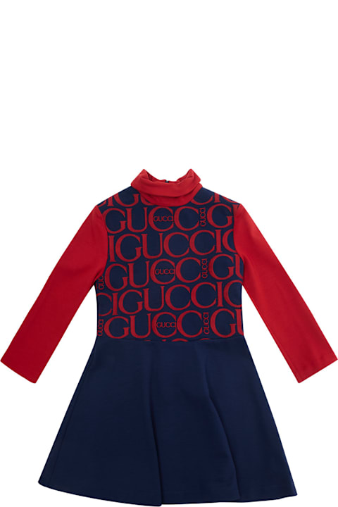 Dresses for Girls Gucci Red And Blue Long Sleeve Dress With Logo Lettering Print In Viscose Girl